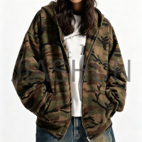Vintage Camouflage Zip‑Up Oversized Hooded For Men