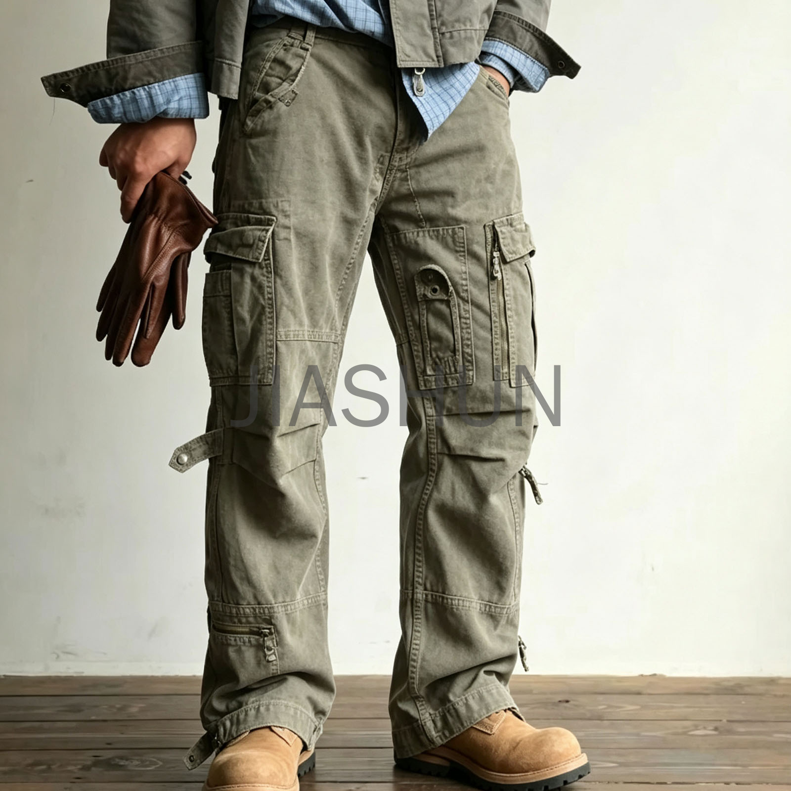 Men’s Vintage Olive Multi‑Pocket Tactical Streetwear Cargo Pants