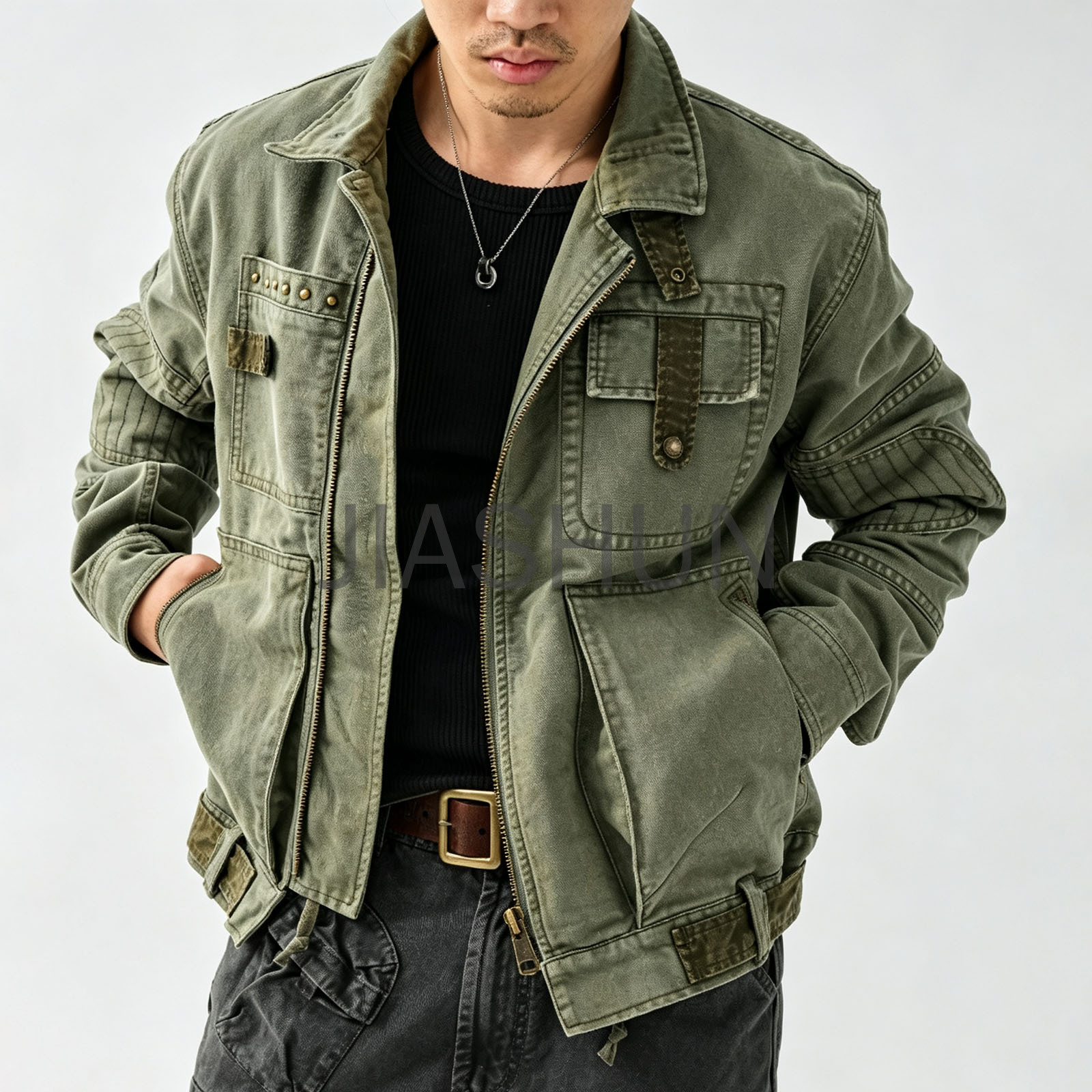 Vintage Olive Green Multi‑Pocket Casual Canvas Jacket