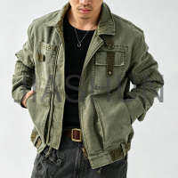 Vintage Olive Green Multi‑Pocket Casual Canvas Jacket