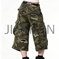 Vintage Ripped Camouflage Loose Cargo Capri Pants