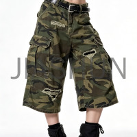 Vintage Ripped Camouflage Loose Cargo Capri Pants