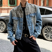 Men Leopard Print Patchwork Denim Cropped Jacket