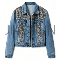 Men Leopard Print Patchwork Denim Cropped Jacket