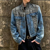 Men Leopard Print Patchwork Denim Cropped Jacket