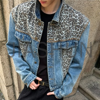 Men Leopard Print Patchwork Denim Cropped Jacket