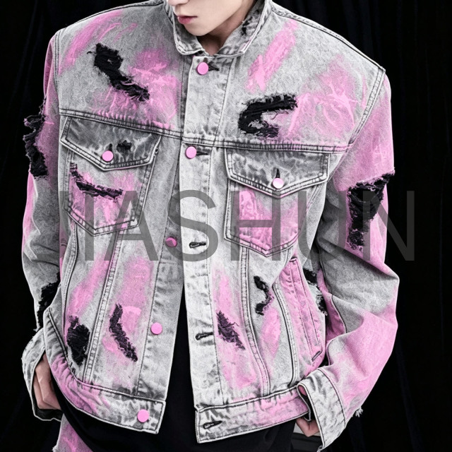 Vintage Washed Pink Graffiti Ripped Denim Jacket Men
