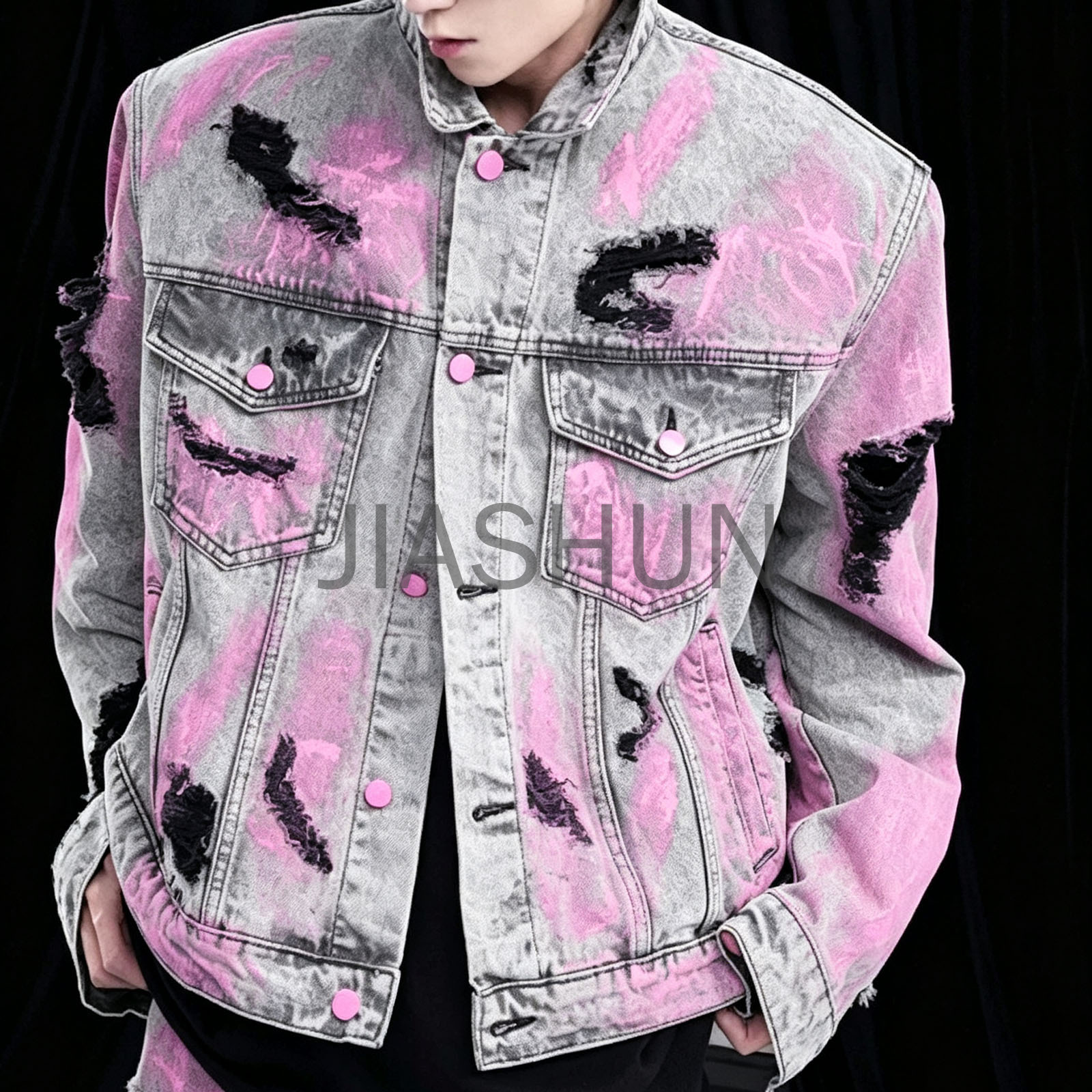 Vintage Washed Pink Graffiti Ripped Denim Jacket Men