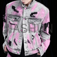 Vintage Washed Pink Graffiti Ripped Denim Jacket Men