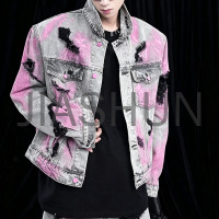 Vintage Washed Pink Graffiti Ripped Denim Jacket Men