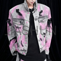 Vintage Washed Pink Graffiti Ripped Denim Jacket Men