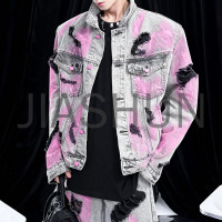 Vintage Washed Pink Graffiti Ripped Denim Jacket Men
