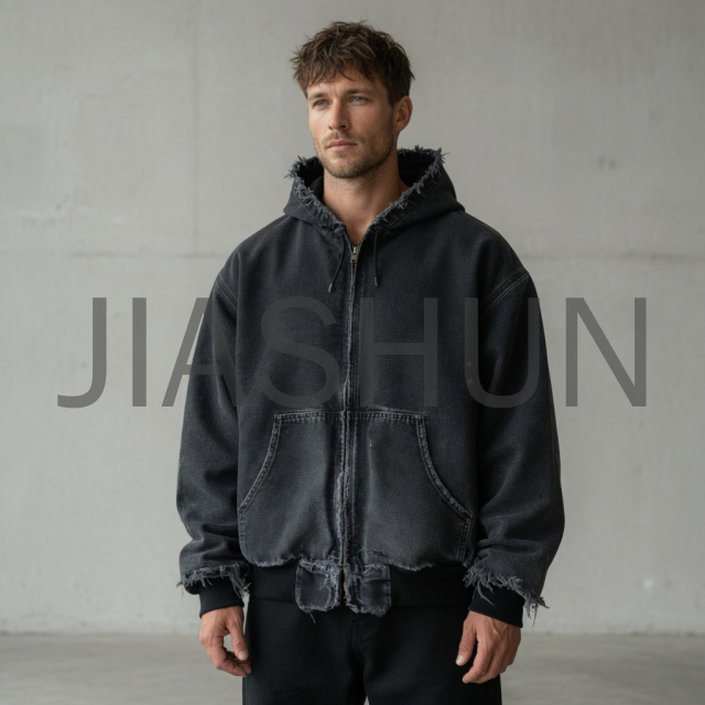 Cropped Raw‑Edge Full‑Zip Hooded Jacket