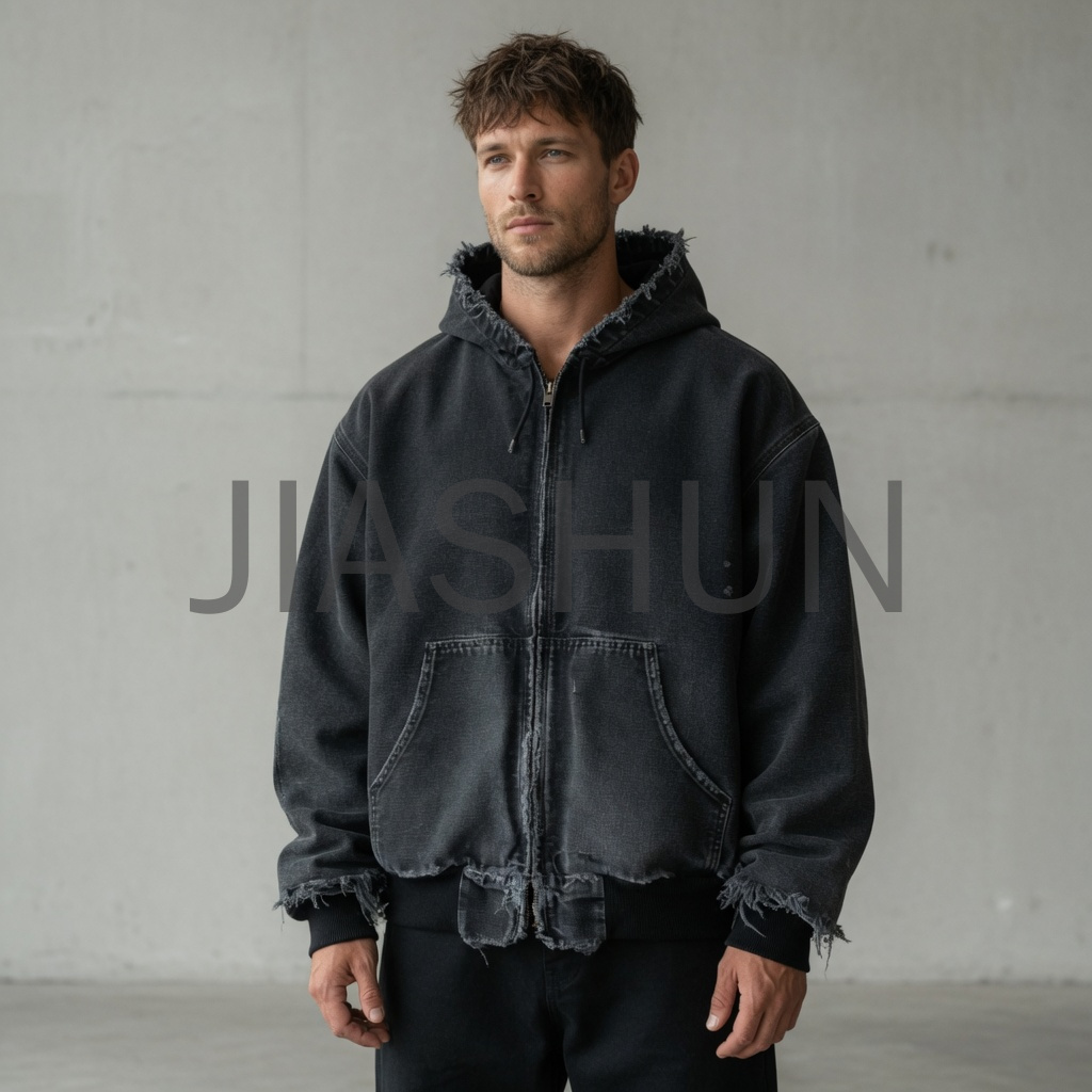 Cropped Raw‑Edge Full‑Zip Hooded Jacket