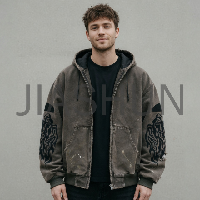 Distressed Graphic‑Sleeve Hooded Jacket