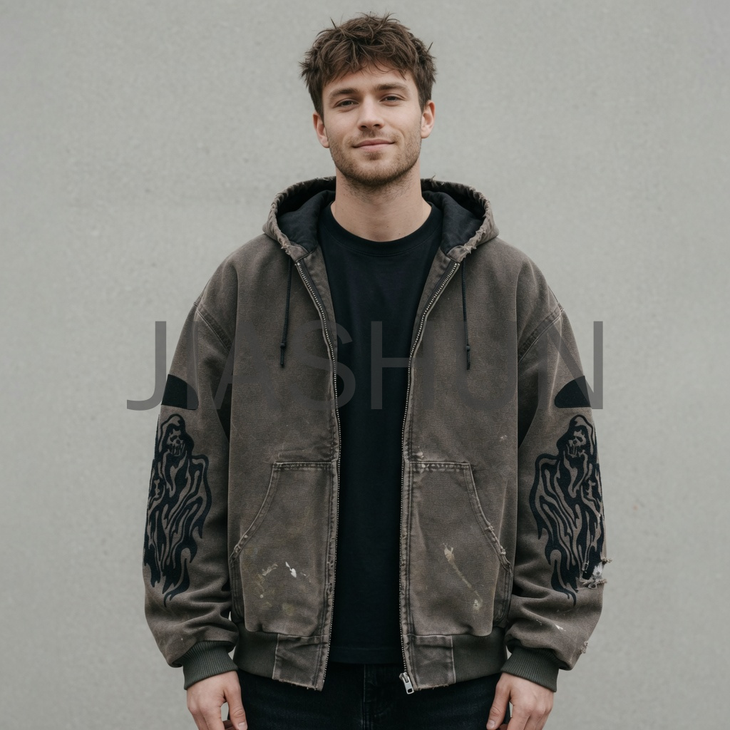 Distressed Graphic‑Sleeve Hooded Jacket