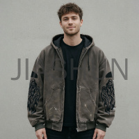 Distressed Graphic‑Sleeve Hooded Jacket