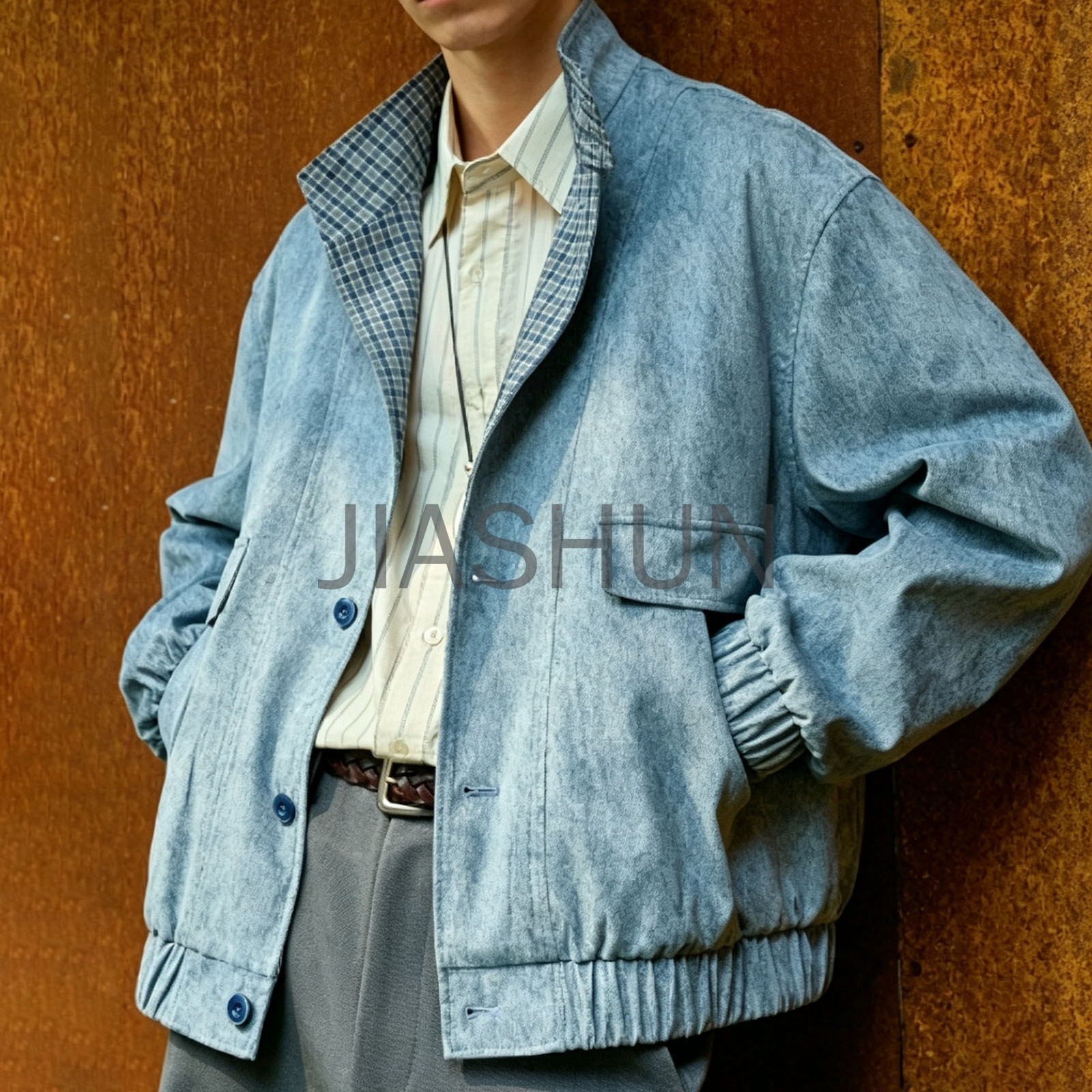 Vintage Washed Denim Stand Collar Bomber Jacket For Men