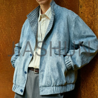 Vintage Washed Denim Stand Collar Bomber Jacket For Men