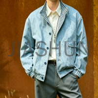 Vintage Washed Denim Stand Collar Bomber Jacket For Men