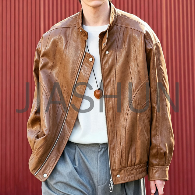 Men Vintage Brown Faux Leather Stand Collar Bomber Jacket