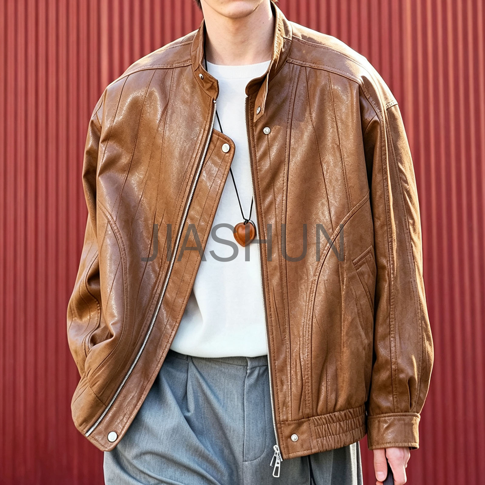 Men Vintage Brown Faux Leather Stand Collar Bomber Jacket