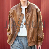 Men Vintage Brown Faux Leather Stand Collar Bomber Jacket