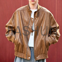 Men Vintage Brown Faux Leather Stand Collar Bomber Jacket