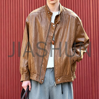Men Vintage Brown Faux Leather Stand Collar Bomber Jacket