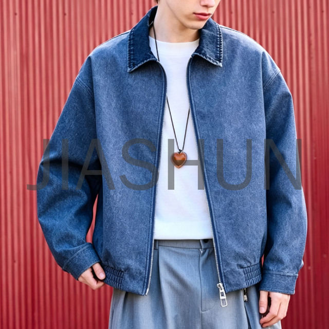 Casual Blue Denim Zip Up Jacket For Street Men
