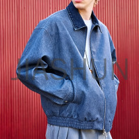 Casual Blue Denim Zip Up Jacket For Street Men