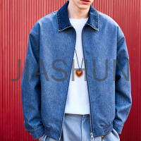 Casual Blue Denim Zip Up Jacket For Street Men