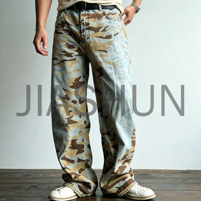Retro Faded Camouflage Loose Fit Mens Denim Pants