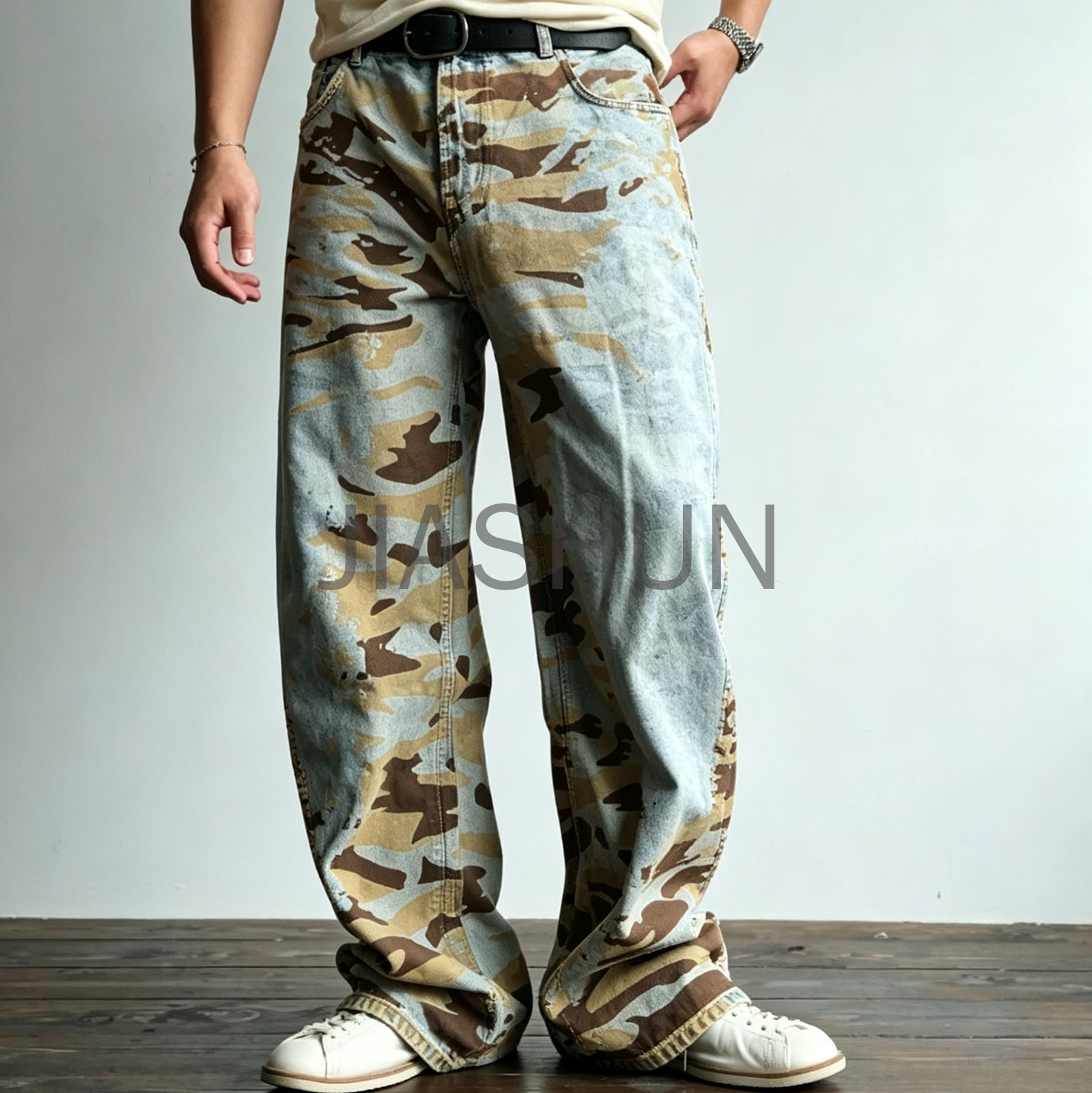 Retro Faded Camouflage Loose Fit Mens Denim Pants