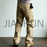 Men Vintage Patchwork Distressed Khaki Workwear Pants