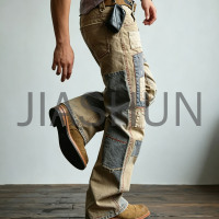 Men Vintage Patchwork Distressed Khaki Workwear Pants