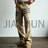 Men Vintage Patchwork Distressed Khaki Workwear Pants