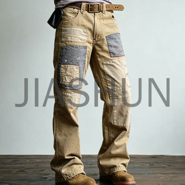 Men Vintage Patchwork Distressed Khaki Workwear Pants