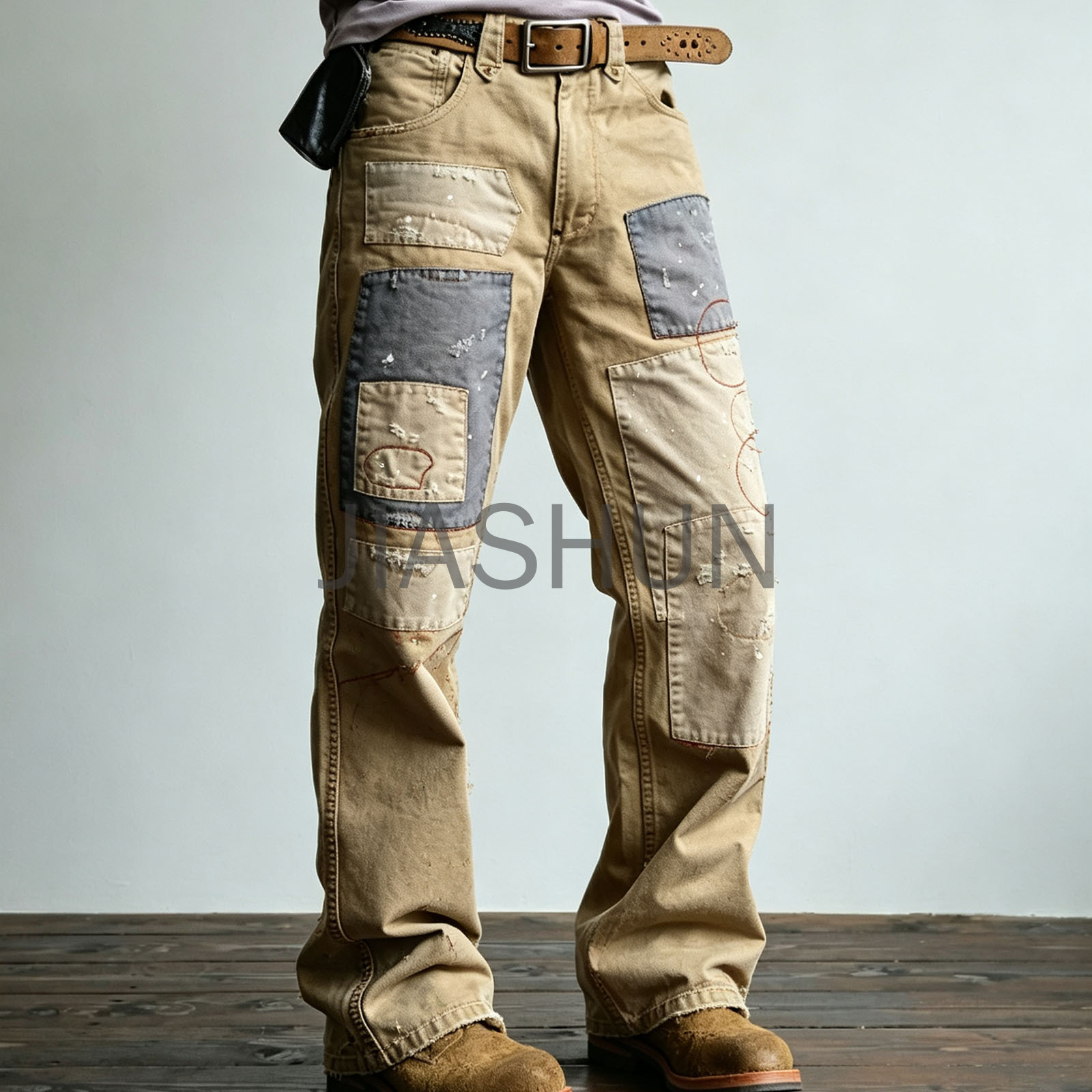 Men Vintage Patchwork Distressed Khaki Workwear Pants