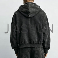 Men Retro Washed Full Zip Hoodie Oversized Hip Hop Outerwear