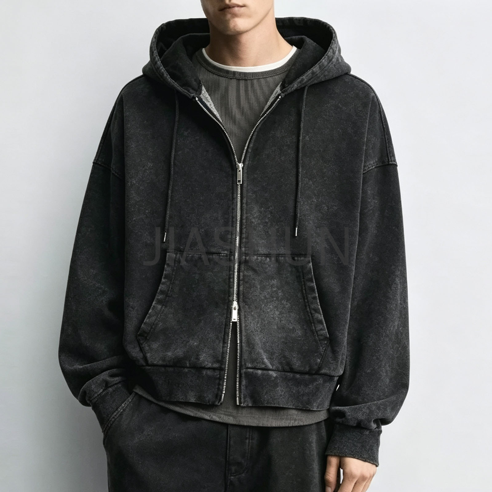 Men Retro Washed Full Zip Hoodie Oversized Hip Hop Outerwear
