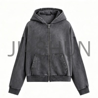 Men Retro Washed Full Zip Hoodie Oversized Hip Hop Outerwear