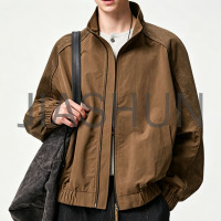 Brown Splice Detail Stand Collar Mens Outerwear