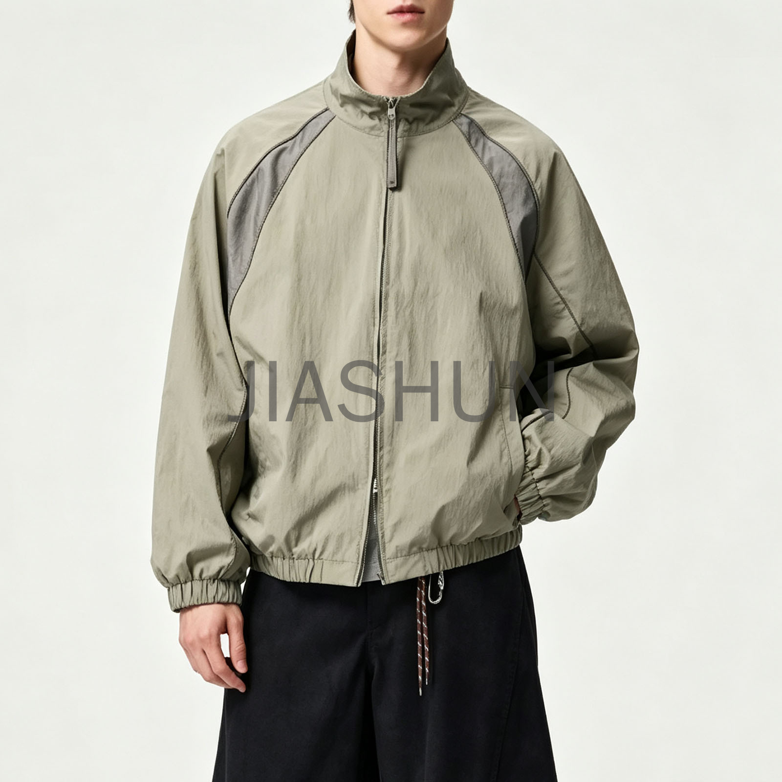 Vintage Men Stand Collar Spliced Windbreaker Jacket