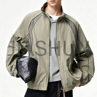 Vintage Men Stand Collar Spliced Windbreaker Jacket