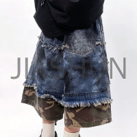 Men Camo Patchwork Ripped Denim Cropped Shorts