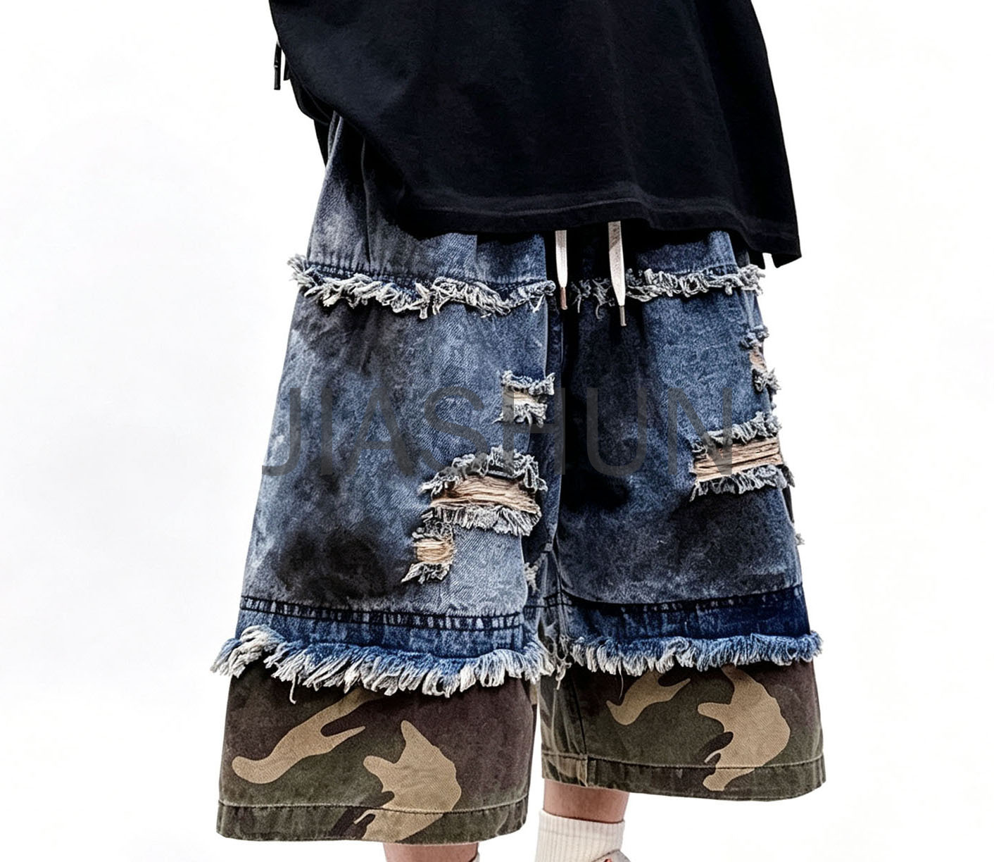 Men Camo Patchwork Ripped Denim Cropped Shorts