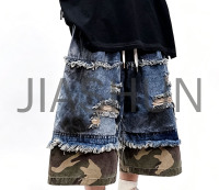 Men Camo Patchwork Ripped Denim Cropped Shorts