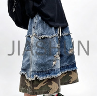 Men Camo Patchwork Ripped Denim Cropped Shorts
