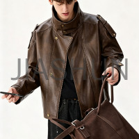 Mens Stand Collar Strap Decor Leather Jacket